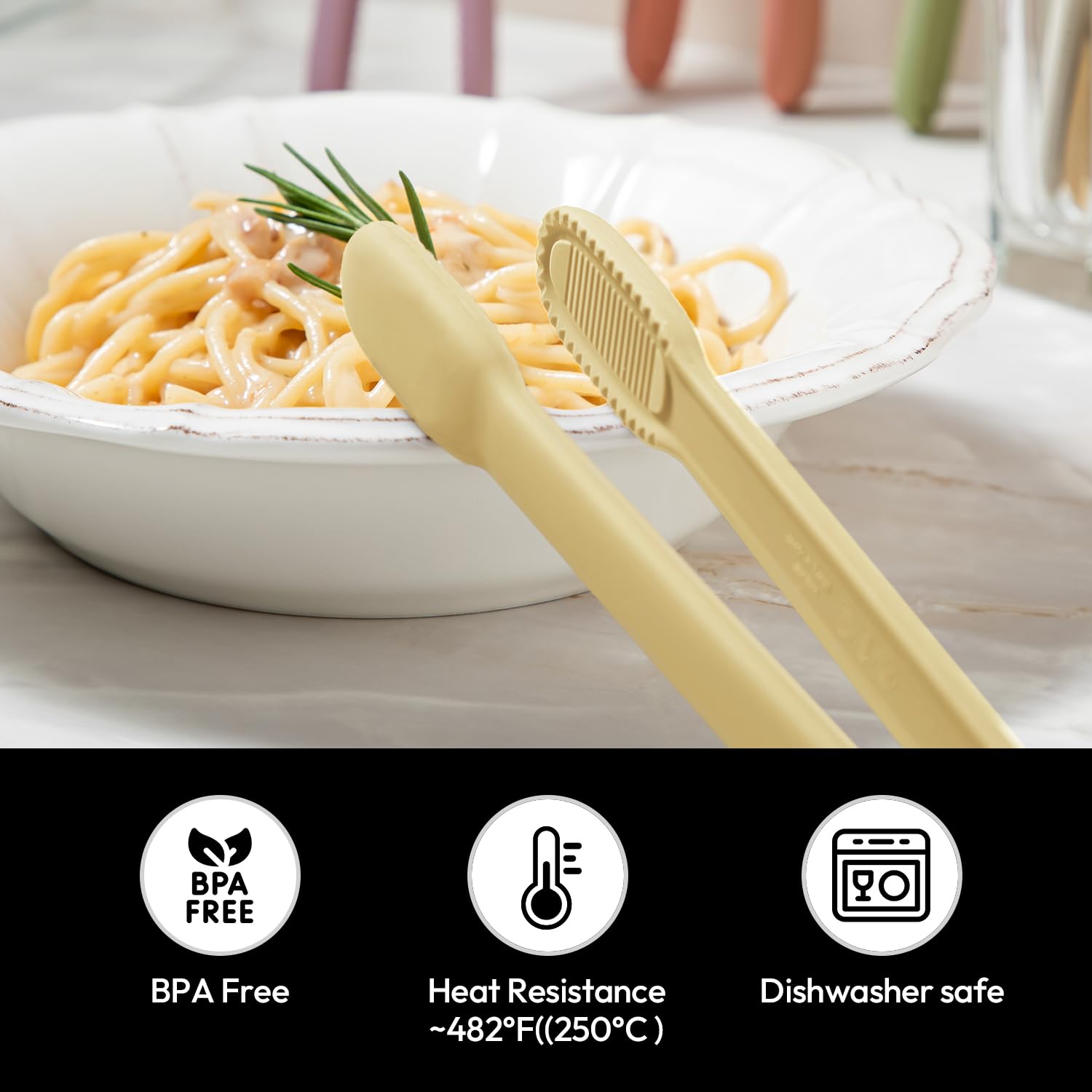 Carrotez Silicone Kitchen Tongs, Non-Scratch Serving Tongs, Yellow Butter