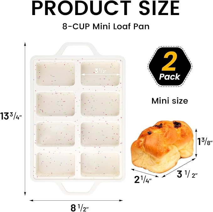 Vinino 2 Pack Mini Silicone Loaf Pans with Metal Reinforced Frame, 8-Cavity