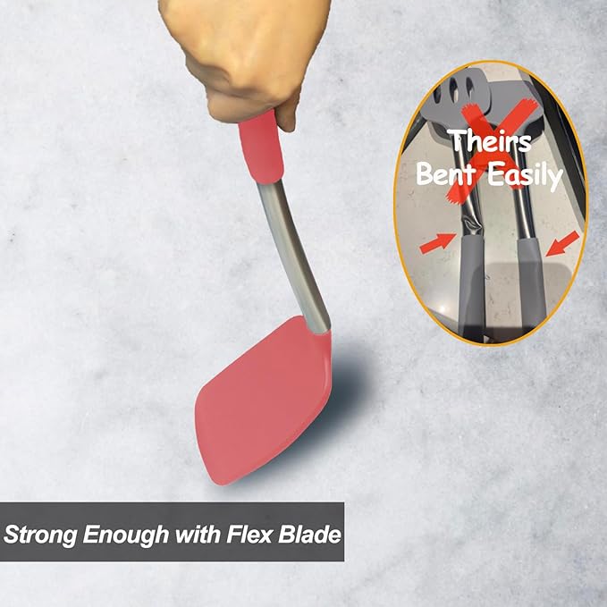 2 Pack Spatulas, Solid & Slotted Silicone Spatula Set, Stainless Steel Handle Coated with Silicone, Non Stick Turners, Heat Resistant Rubber Spatulas for Fish, Eggs, Pancakes, WOK, Red