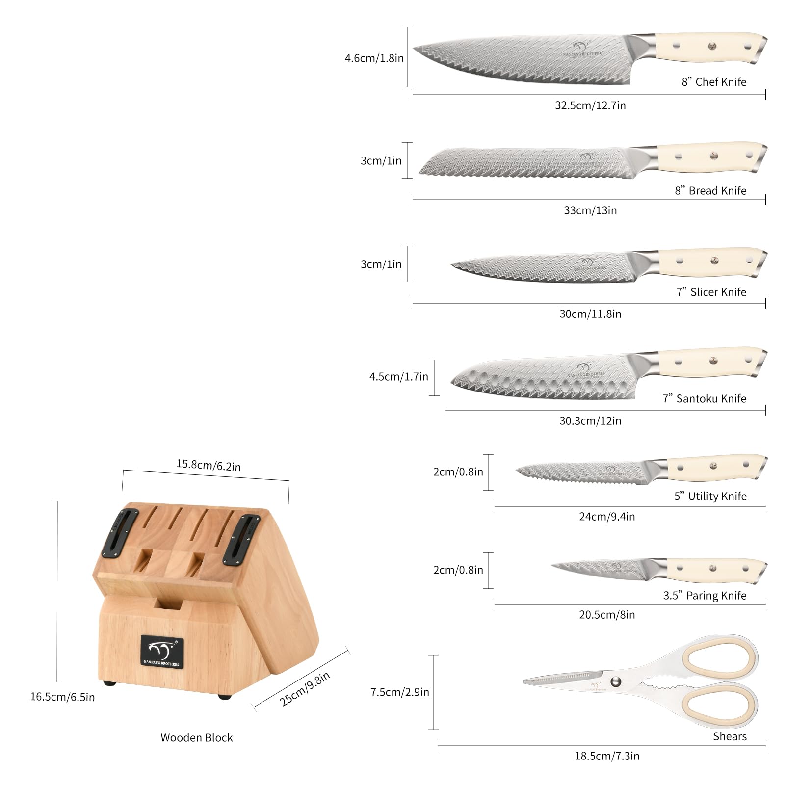 NANFANG BROTHERS® 10-Piece VG10 Damascus Knife Set, Rubberwood Block