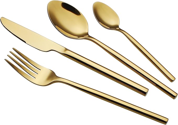 CHAAMFORGE 24 Piece Silverware Set For 6 Gold Heavy duty 18/10 Stainless Steel Flatware Set Modern Design Knife/Fork/Spoon Mirror Polished Dishwasher Safe Cutlery Set with Gifts