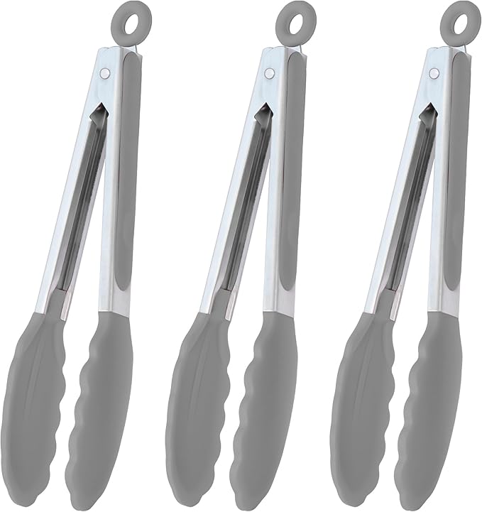HINMAY Locking Kitchen Tongs with Silicon Tips 9-Inch, Set of 3 (Gray)