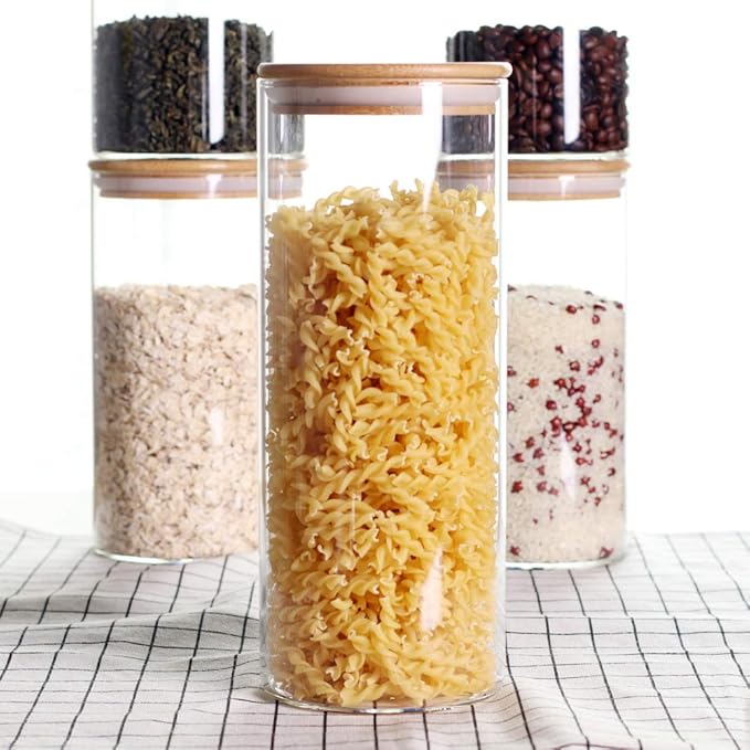 LEAVES AND TREES Y Stackable Kitchen Canisters Set, Pack of 5 Clear Glass Food Storage Jars Containers with Airtight Bamboo Lid for Candy, Cookie, Rice, Sugar, Flour, Pasta, Nuts