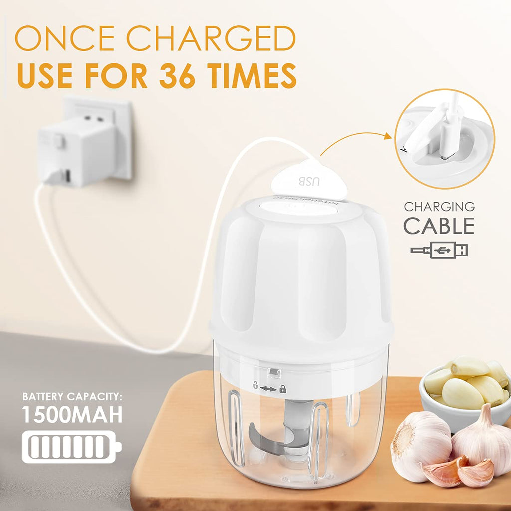 Electric Garlic Chopper, 300ML Portable Cordless Mini Food Processor, Rechargeable Vegetable Chopper Blender for Nuts Chili Onion Minced Meat and Spices (White)