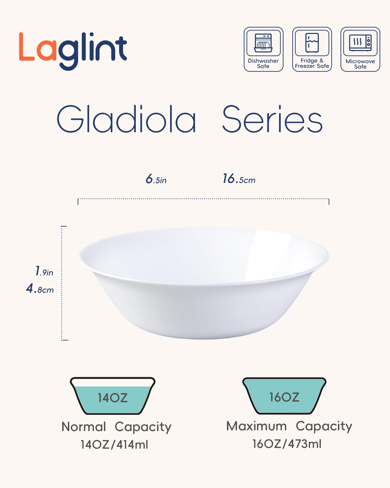 LaGlint 16 OZ Max White Opal Glass Cereal Bowl Set of 4, 6.5 Inch