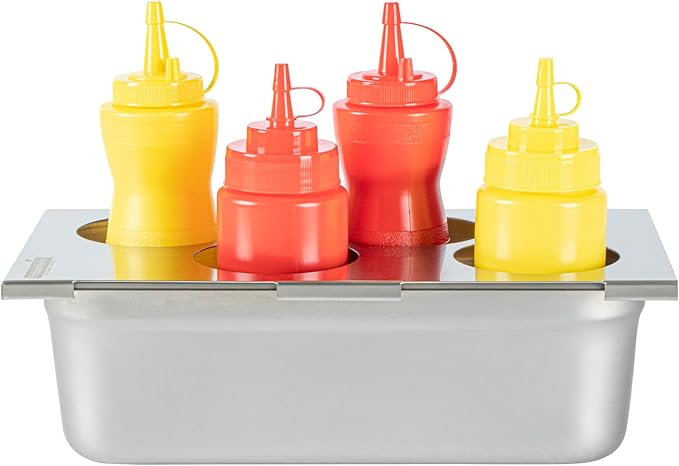 Restaurantware Squeeze Bottle Organizer Top 1 Count 12.79 x 7.09 x 0.39 Inches Stainless Steel Bottle Holder - Four Hole Condiment Rack - Silver Kitchen Organizer for Food Prep