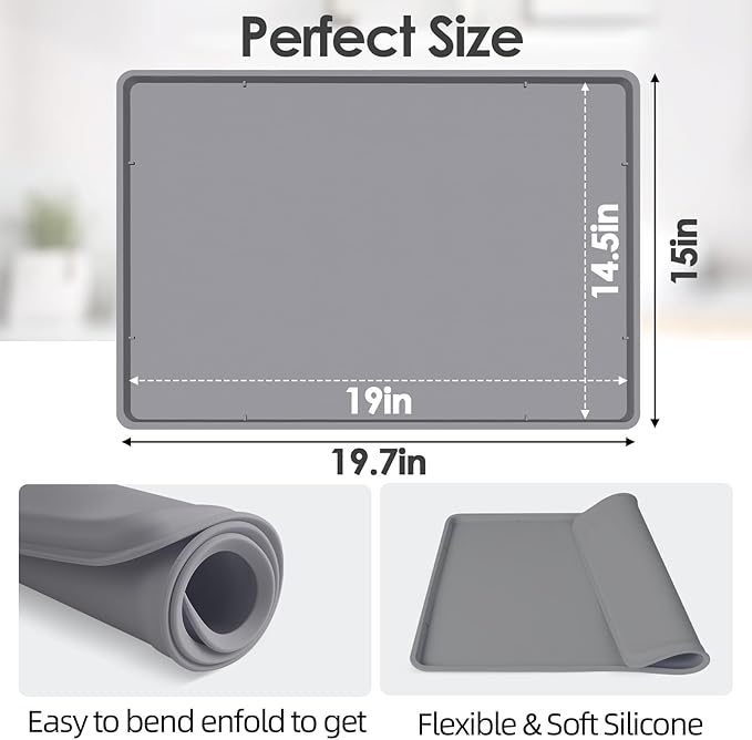 Silicone Coffee Maker Mat with Lip for Countertops, 19.7'' x 15'', Grey