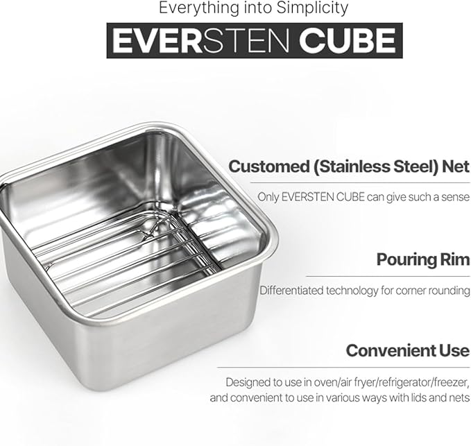 EVERSTEN CuBE High 3PCS Set Stainless Steel Food Storage Containers With Lids and 3 Net Kitchen Appliances Dishwasher Safe Premium South Korea
