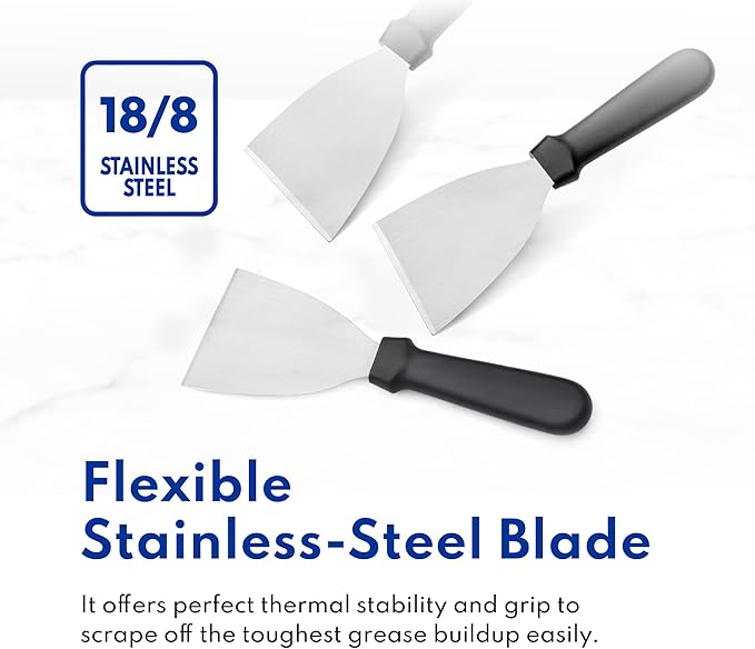 New Star Foodservice Stainless Steel Slant Edge Grill Scraper with Black Plastic Handle, 4 x 8.5 Inch Restaurant Grade Griddle Scraper, Flat Top Scraper, Grill Cleaning Tool