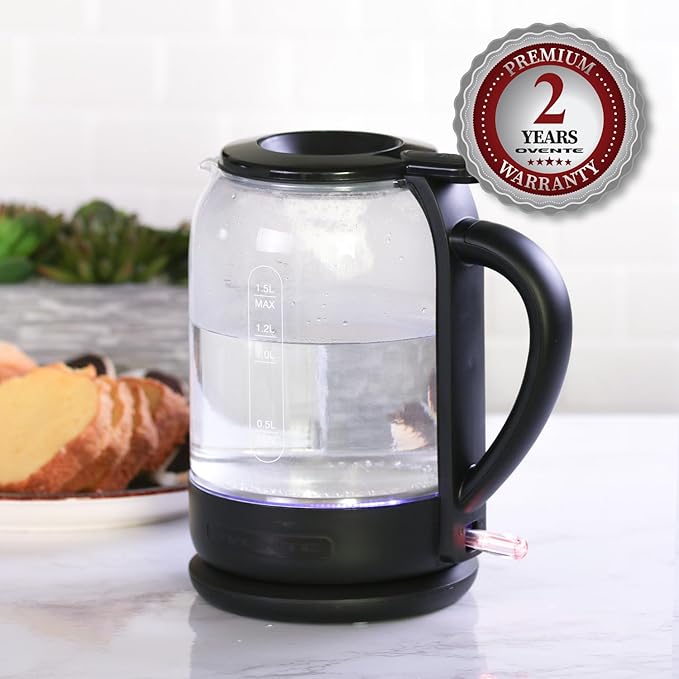 OVENTE 1.5L Glass Electric Kettle Water Boiler, Black KG516B