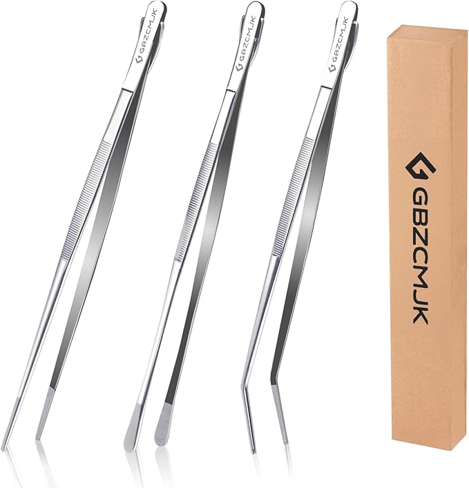 GBZCMJK 3 Pcs Kitchen Tweezers, 12-Inch Stainless Steel Cooking Tweezers, Professional Cooking Tongs, Long Food Tongs for Serving, Sea food, BBQ and Salads