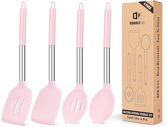 Pack of 4 Silicone Cooking Utensils Set, Non Stick Large Solid Spatulas, Heat Resistant Gray Slotted Spoons, Ideal BPA Free Kitchen Turners for Frying, Mixing,Serving,Draining,Turning,Stirring