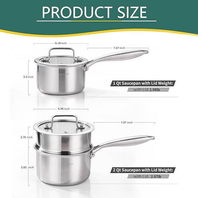DELARLO Tri-Ply Stainless Steel Saucepan 1QT 2QT Kitchen Pot Set