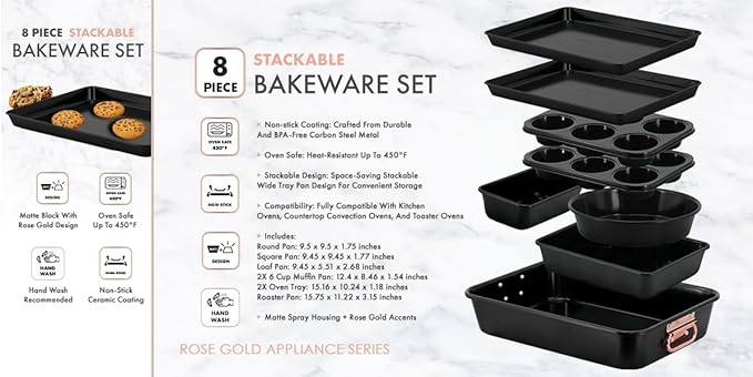 Prime Cuisine Stackable Nonstick Bakeware Set, 8 Piece Baking Pan Set, Oven Safe Carbon Steel, Includes Cookie Sheet, Muffin Pan, Loaf Pan & Roaster
