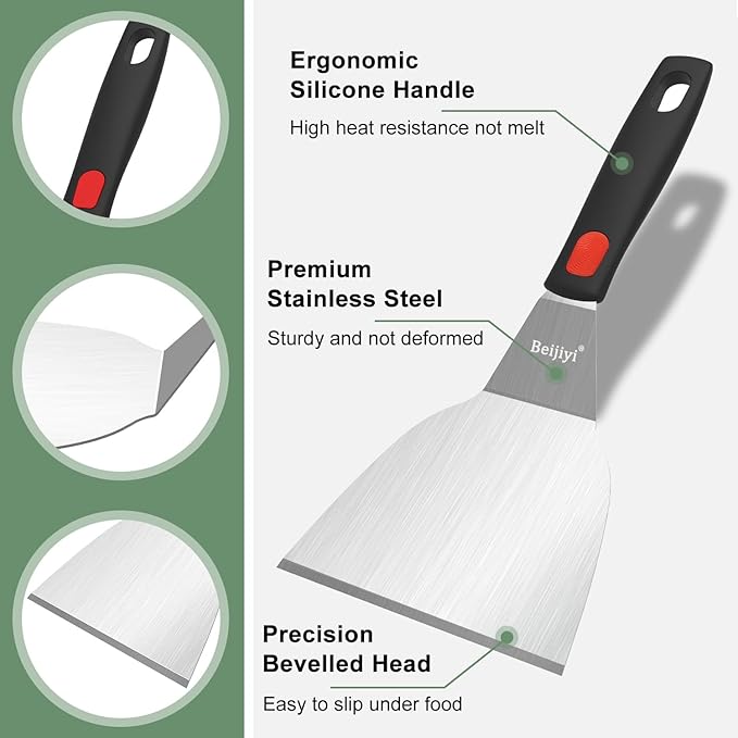 Beijiyi 3-Piece Metal Spatula for Cast Iron Skillet, Sturdy Stainless Steel
