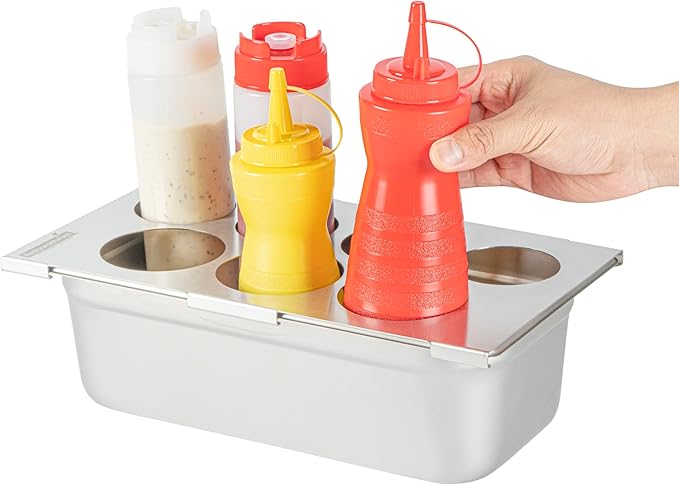 Restaurantware Squeeze Bottle Holder - 1 Count 12.795 x 7.087 x 0.394 Inches Stainless Steel Condiment Organizer - Durable Seven-Hole Pan Top Holder - Silver