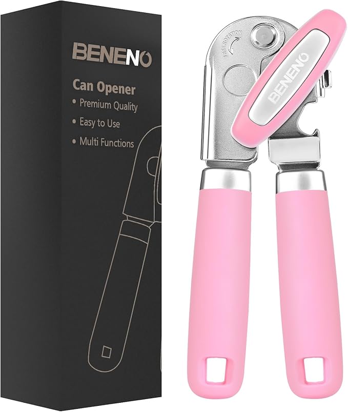 Beneno Heavy Duty Hand Can Opener Manual with Magnet Lid Remover, Pink