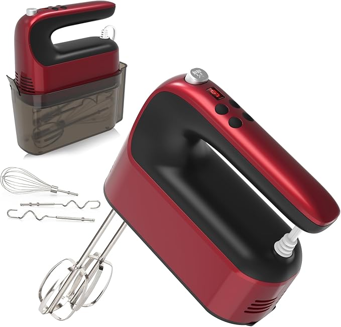 Yomelo 9-Speed Digital Hand Mixer Electric, 400W Powerful DC Motor, Hand Mixer Electric Handheld with Snap-On Storage Case, 5 Stainless Steel Accessories, Beaters, Dough Hooks, Whisk(Red)