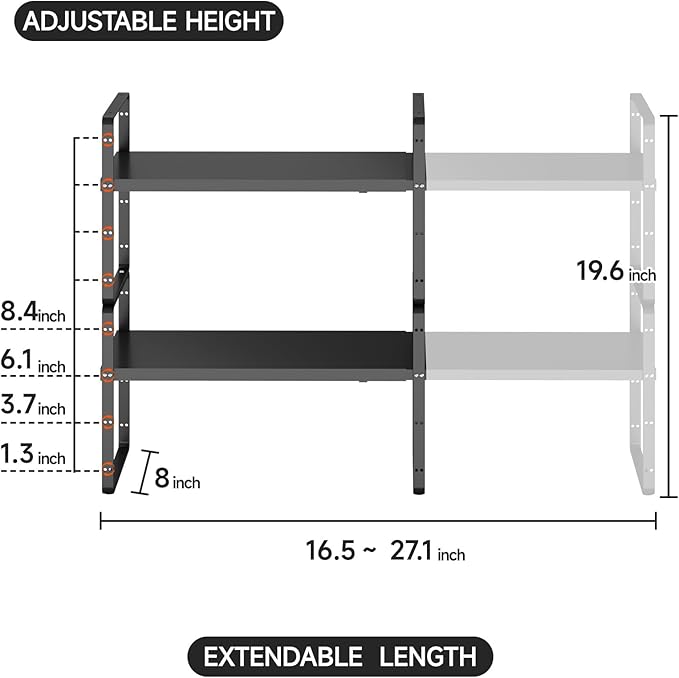 jkxoo 2Pcs Expandable Cabinet Shelf Organizers, 16.5"~27''L, Black
