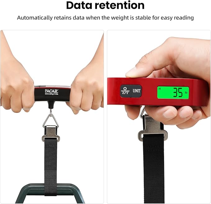 BAGAIL Digital Luggage Scale,110lbs Hanging Baggage Scale with Backlit LCD Display,Portable Suitcase Weighing Scale,Travel Luggage Weight Scale with Hook,Strong Straps for Travelers(Red)
