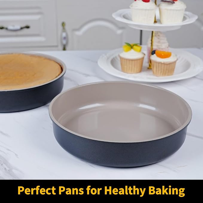 INSETFY 9.5 Inch Round Cake Pan Set of 2,Cast Aluminum Bakeware Ceramic Nonstick Oven and Dishwasher Safe(Black)