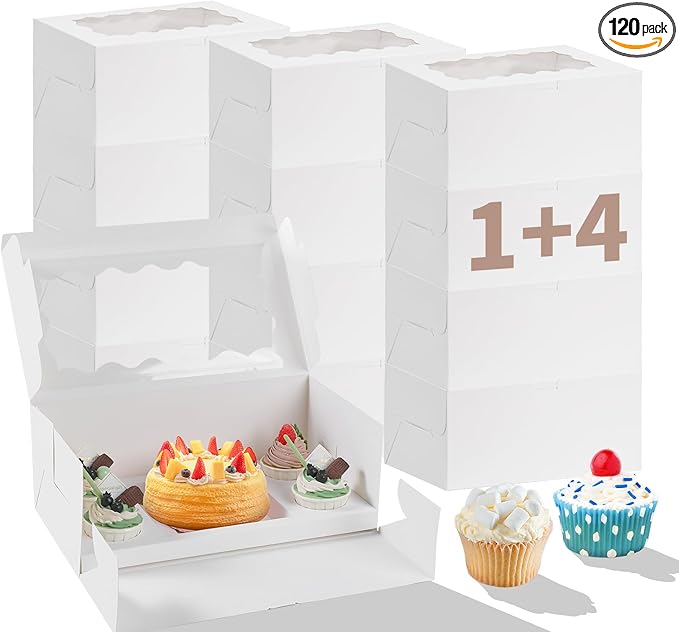PFAMKEER Bento Cake Box With Cupcakes, Clear Window 5 Holes Bento Combination,6 Sets: Cookie Boxes Fit 4 Regular Cupcake and Mini Cakes, Christmas Wedding Birthday Party (White/clear, 1+4/6pcs)