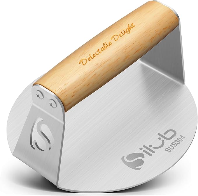 Smash Burger Press,304 Stainless Steel 6.0 Inches Round Hamburger Smasher with Anti Scald Wood Handle, Non-Stick Burger Press Perfect for Flat Top Griddle Grill Cooking (6'' Uncoated Press)