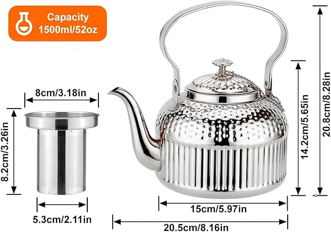 SANQIAHOME Antique 1.8L (60 Oz) Stainless Steel Teapot with Infuser Silver