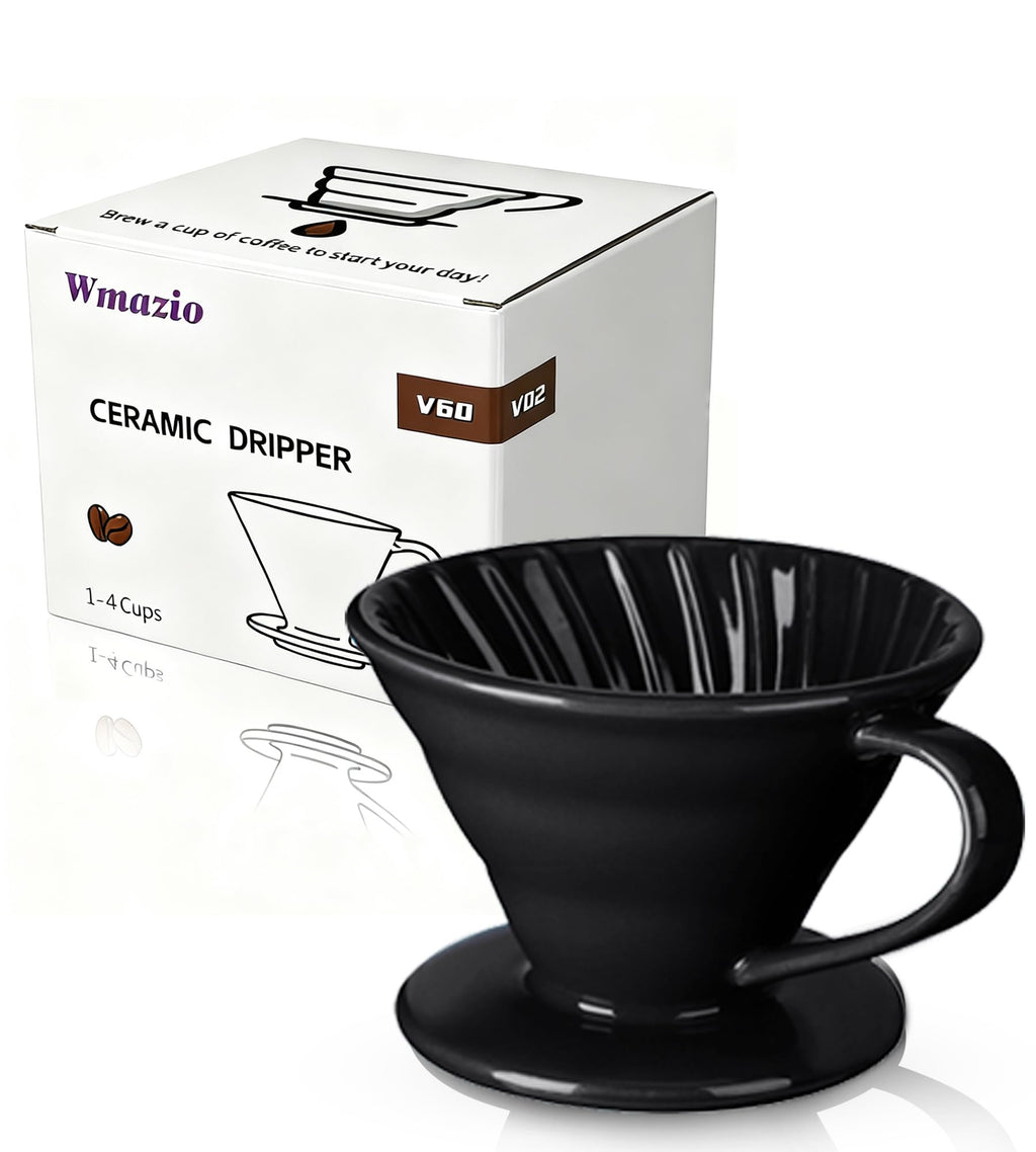 Wmazio Pour Over Coffee Dripper - Ceramic Pour Over Coffee Maker Cone, Porcelain Coffee Drip, Pour Over Single Cup, Manual Brew Maker for Home, Cafe, Office - 1-4Cup, V60 Size 02 (Black)
