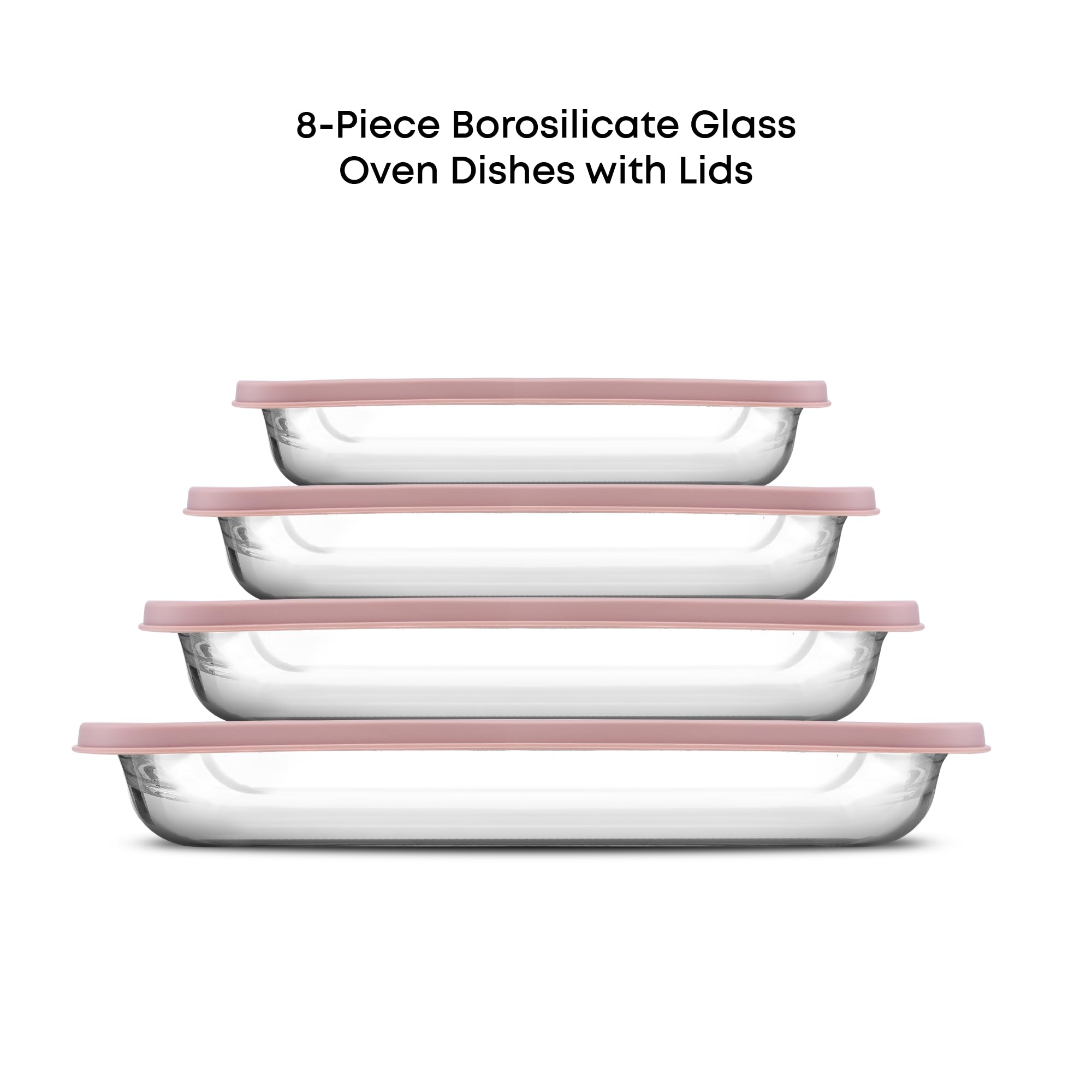 JoyJolt 8-Piece Borosilicate Glass Oven Dishes with Blushy Pink Lids, Rectangle Deep Glass Baking Dish Set, Baking Pans for Lasagna Casserole Cake, Bakeware Set, Freezer to Oven Tray to Dishwasher