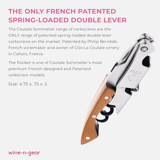 Pocket Prestige Waiters Corkscrew By Coutale Sommelier - Naturalwood - French Patented Spring-Loaded Double Lever Wine Bottle Opener for Bartenders and Gifts - Sharp Micro-Serrated Knife
