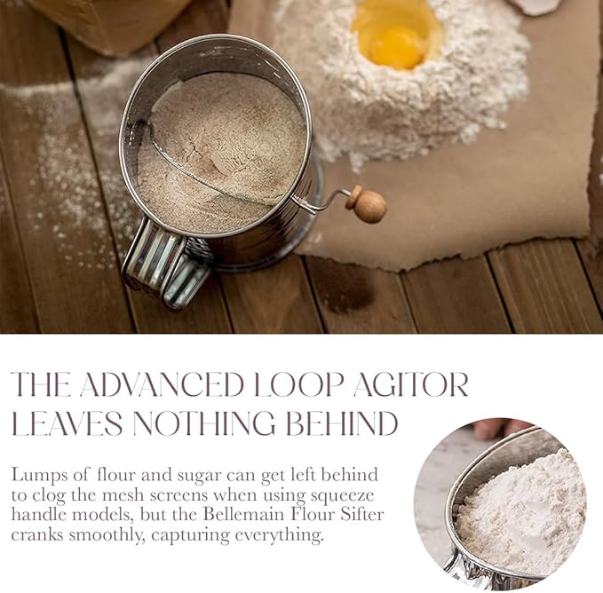 Bellemain Stainless Steel Flour Sifter for Baking with Hand Crank - 3 Cup