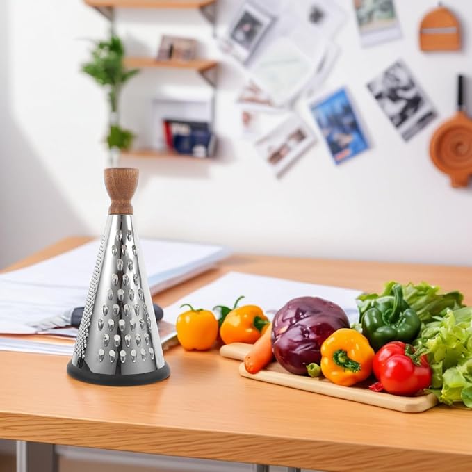 Cabilock Wooden Handle Cheese Grater Cone Shaped Manual Grater for Cheese Vegetables and Fruit Multifunctional Kitchen Utensil for Home Restaurant and Hotel Use