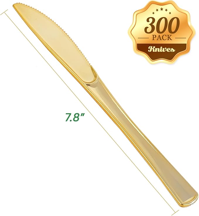 FOCUSLINE 300 Pack Disposable Gold Plastic Knives, Solid and Durable Plastic Cutlery Knives, Heavy Duty Disposable Utensil Silverware for Catering, Parties, Dinners, Weddings