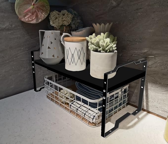 Jojocross Expandable Shelf for Cabinet Organizer Adjustable Stackable Spice Rack at Kitchen and Bathroom more, Counter Countertop Cupboard Organization Pantry Storage(MEDIUM/2PACKS/BLACK)