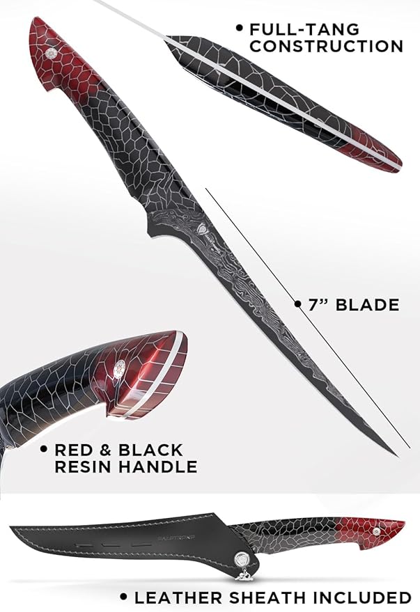 Dalstrong 7" Fillet Knife — V12 Ultra™ Steel — Hardest Build — For Filleting Fish, Boning & Precision Protein Work — Black & Red Damascus, Honeycomb Handle, Scorpion, customer support