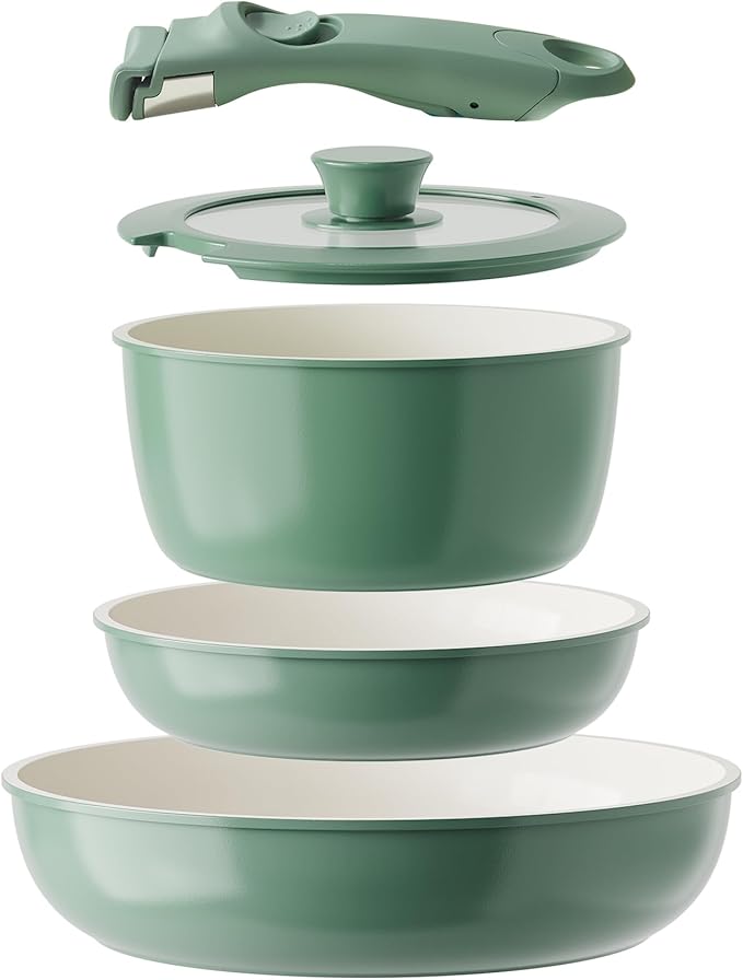 Redchef Ceramic Cookware Set, Removable Handle Pots and Pans Non-Stick, Rv Cookware Set, Non-Toxic Pots and Pans Set No PFAS, PTFE, PFOA, Detachable Pots and Pans, Dishwasher & Oven Safe (Green)