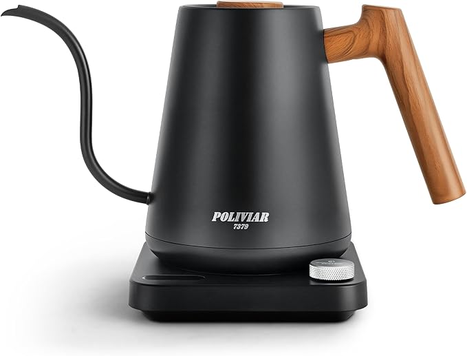 POLIVIAR Electric Gooseneck Kettle, Wood Pattern Handle, Black