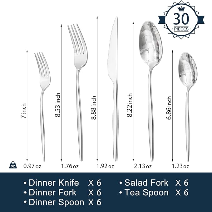 18/10 Silverware Set for 6, 30 Piece Stainless Steel Flatware Cutlery Set