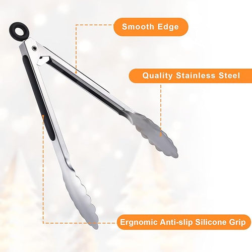 12 Pcs Serving Tongs for Cooking, 7" 9" 12" Heavy Duty Stainless Steel Lockable Kitchen Salad Tongs Small Grill Tong for Food, BBQ, Toaster, Non-slip Grip