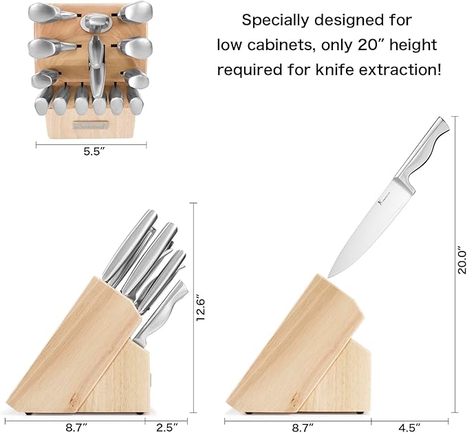Kangdelun 15-Piece Ultra Sharp Kitchen Knife Set with Wooden Block, Exclusive Ergonomic Anti-Slip Handle, High-Carbon 50CR15MOV Steel, Angled Design, Natural Wood Block