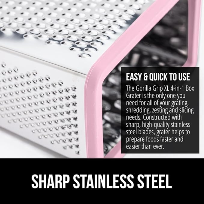 GORILLA GRIP® XL 4-Sided Stainless Steel Cheese Grater With Measurement Container, BPA-Free Box Grater, Slip Resistant Base, Grate Hard Parmesan, Shred Veggies, Zest Citrus, Dishwasher Safe, Pink