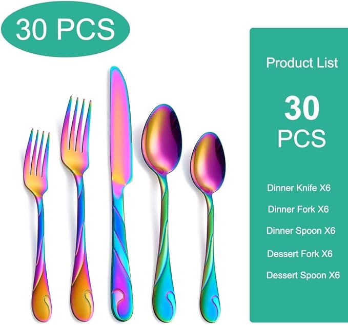 Seeshine Rainbow Silverware Set for 6, 30-Piece Stainless Steel Flatware Set, Shiny Rainbow Metal Cutlery Set, Include Fork, Knife and Spoon Set, Dishwasher Safe