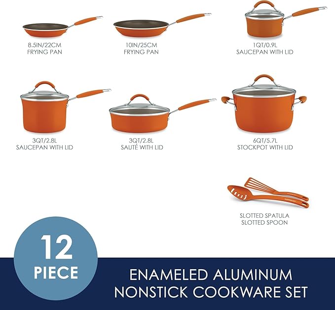 Rachael Ray Cucina Nonstick Cookware, Pumpkin Orange Pots and Pans Set, 12-Piece