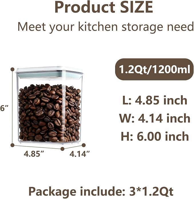 Hontent Pop Food Storage Containers Set Airtight Food Storage Containers with Pop Lids, Kitchen Pantry Organization and Storage, Cereal, Rice, Flour, Pasta & Snack Container, BPA Free, 3 x 1.2Qt