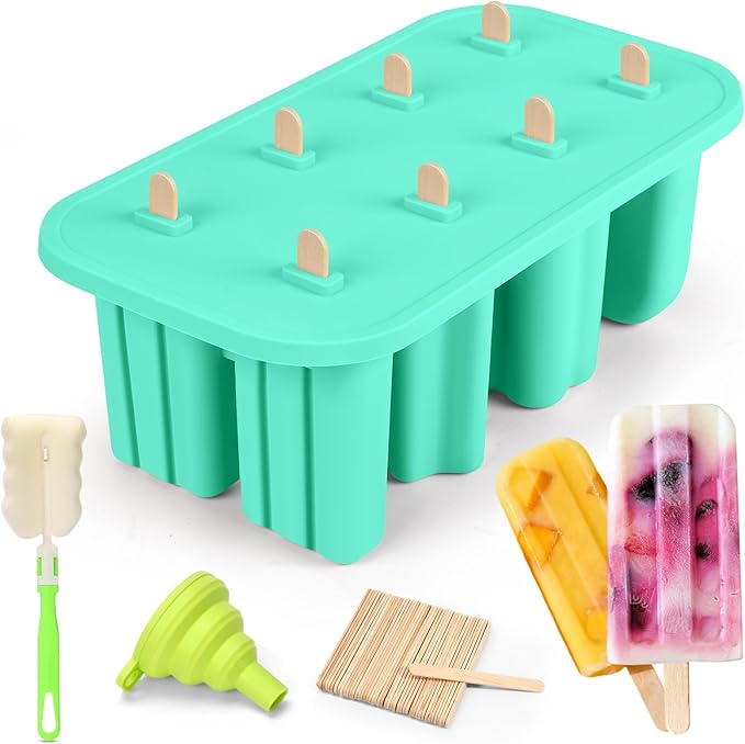 Firstfooby Popsicles Molds, 8-Cavity Silicone Popsicle Molds with 50 Sticks, BPA-Free Ice Pop Mold Popsicle Maker with Funnel & Cleaning Brush for Kids Adult Teens