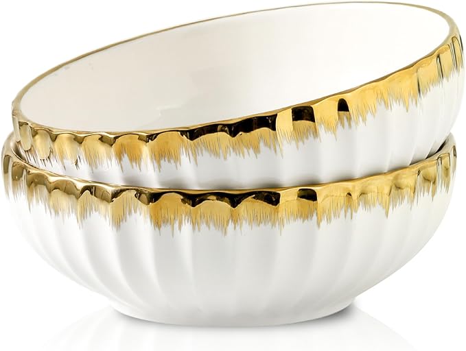 LETAOTAO Serving Bowls, 10 inch Ceramic Salad Bowl with Gold Trim, Set of 2