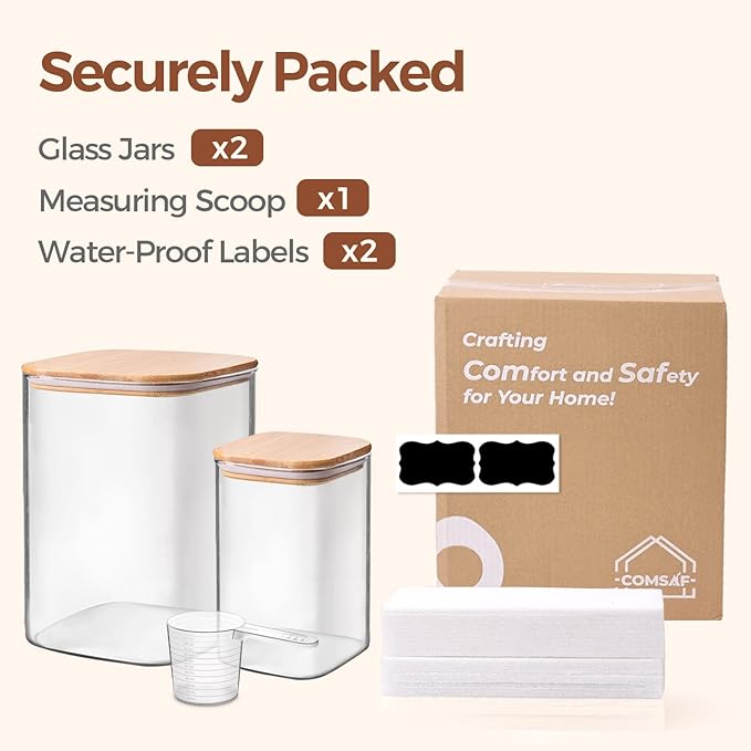 ComSaf Glass Storage Containers with Bamboo Lids 1.2/3.6 Qt 2 Pack