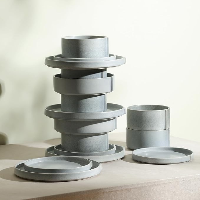 Stone Lain Bao 12-Piece Dinnerware Set Stoneware, Plates and Bowls Set, Dishwasher and Microwave Safe, Dish Set for 4, Blue-Grey