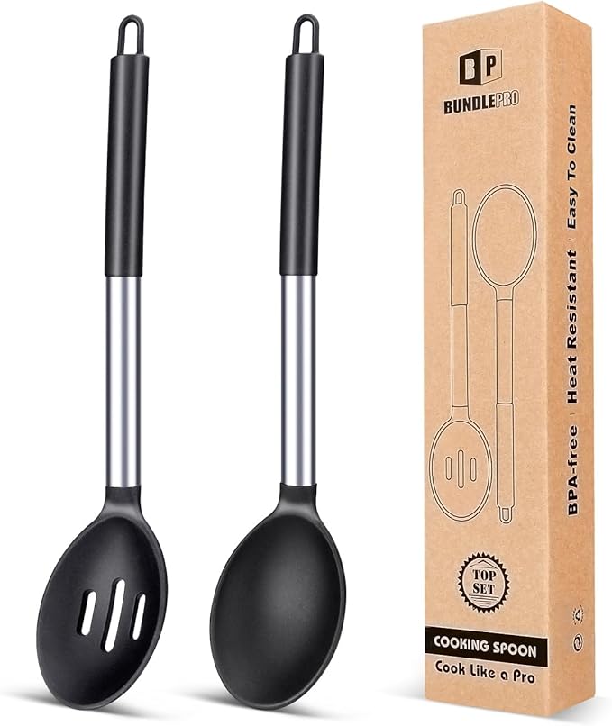 BUNDLEPRO Silicone Cooking Spoons for Non Stick Cookware, 2 Pack, Black